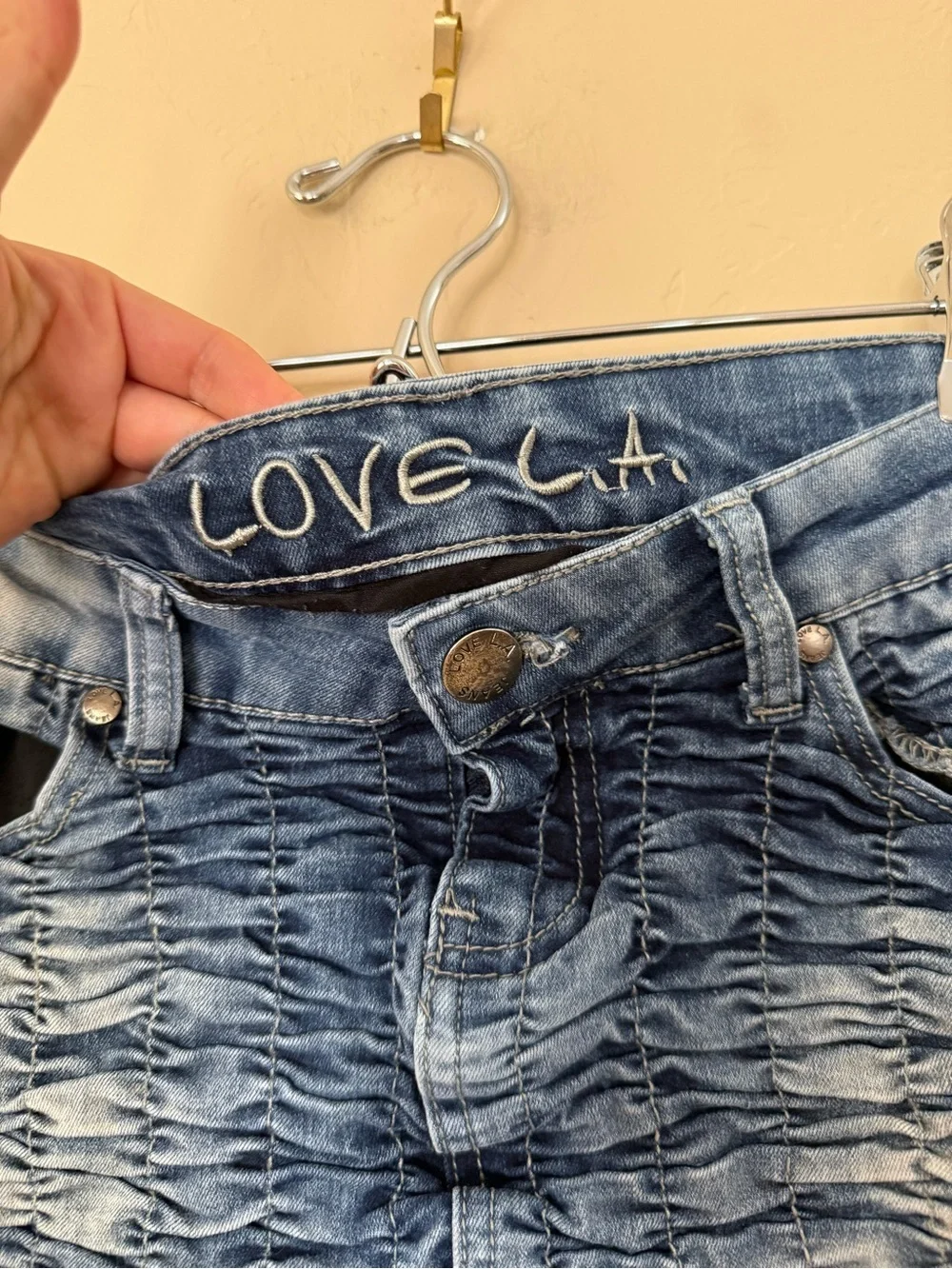 Love LA Ruched Denim Mini Skirt | Size 7 | Y2K Low Rise Micro Mini